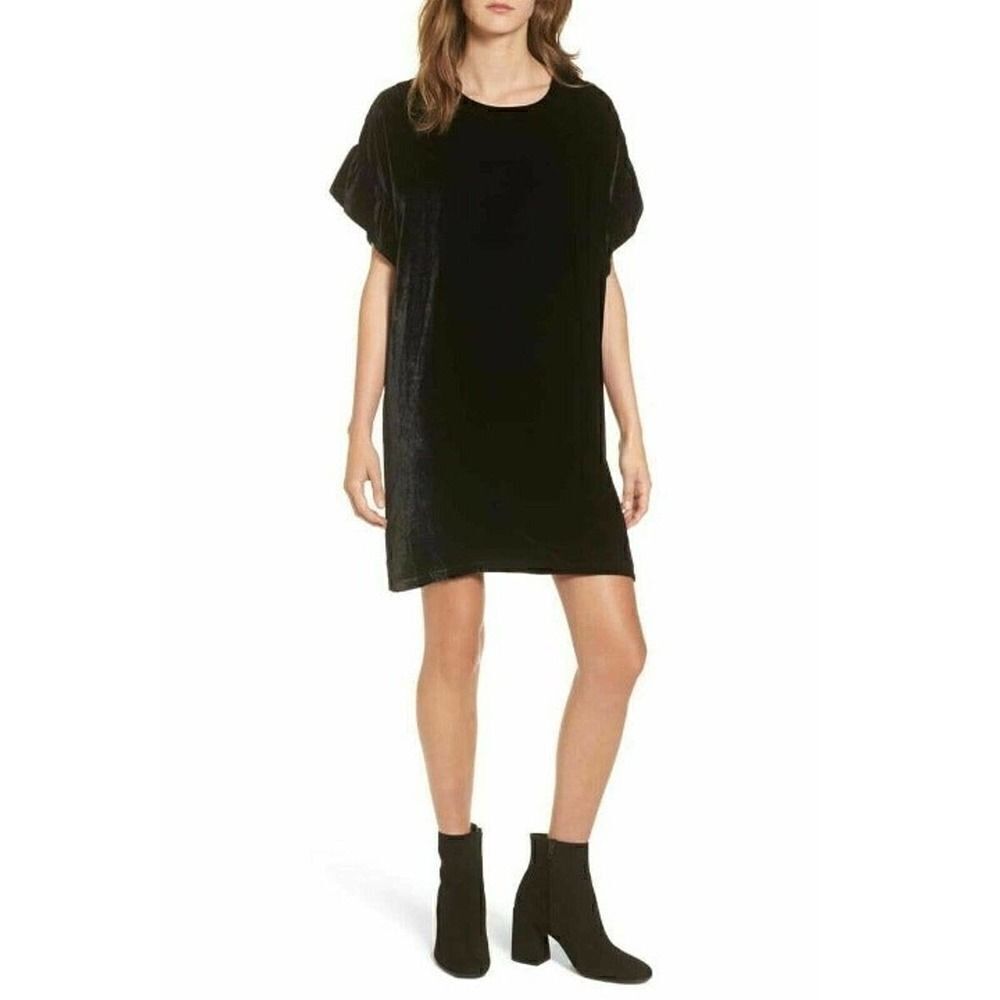 NWOT CURRENT/ELLIOTT crushed black velvet ruffle sleeve shirt dress size small 2